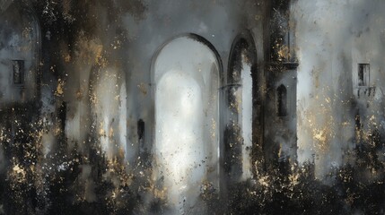 Naklejka premium Gothic dark fantasy abstract painting portraying falling ash and textures of ancient stone cathedral arches adorned with decaying gold foil splatters, conveying a mysterious atmosphere.