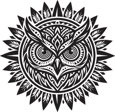 Tribal owl head with intricate geometric feather patterns and sunburst rays, black and white isolated on white background