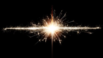 Fototapeta premium Burning sparkler emitting bright light and flying golden sparks on black background for new year party overlay and festive celebration