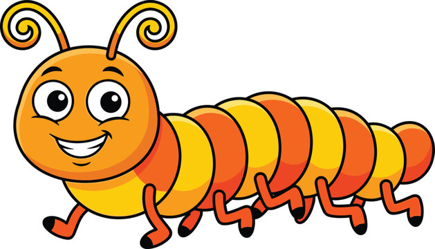 Cute happy cartoon caterpillar character crawling with a big smile isolated on white background orange and yellow centipede millipede vector insect illustration.