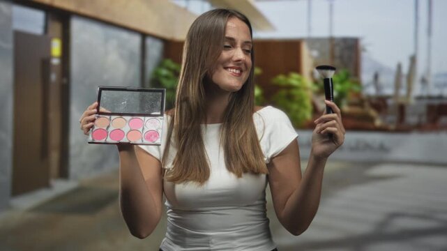 Woman smiling while holding a makeup palette and brush in hands inside a studio makeup demonstration area; confidence beauty tutorial.