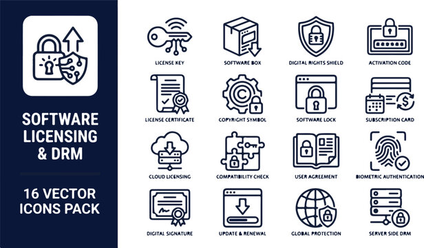 Software Licensing and Digital Rights Management Vector Icon Collection for Digital Security and Copyright Protection.