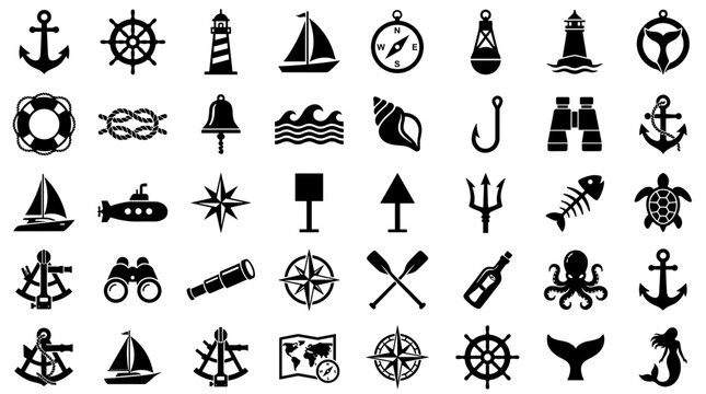 Nautical Icons, Marine Symbols, Vector Set isolated on White Background