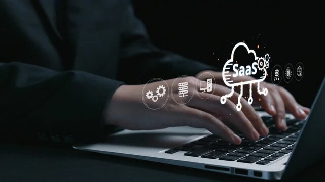 Visual representation of SaaS showing infrastructure, SaaS deployment, SaaS platform features, and SaaS integration model in digital environment. Elide