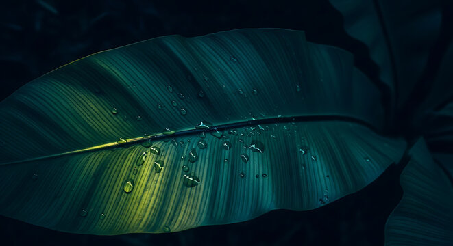 Fresh morning dew drops on dark green tropical leaf texture with tropical botanical background droplets close-up environment