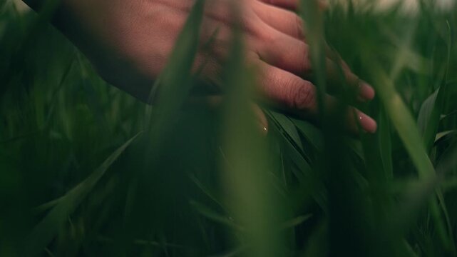 farmer hand finger touches stems green wheat leaves field sunset, agriculture farm business, sunset farming backdrop, farmer dusk field, wheat guiding hand, dusk wheat touch, sunset wheat field, s