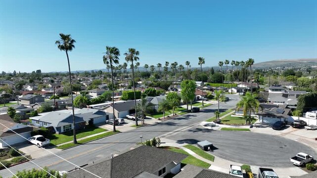 Palm trees frame an aerial view of a neighborhood in Yorba Linda, California, USA.