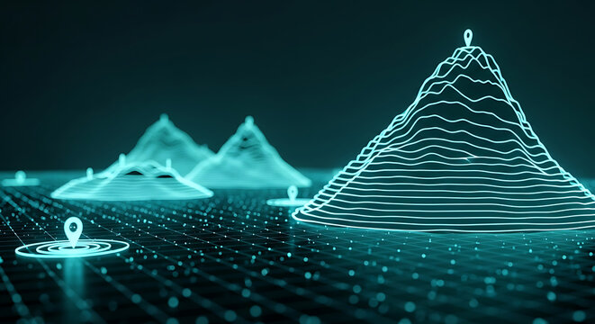 Digital mountain landscape generated by glowing data lines and topographic grid with mountain landscape topographic abstract technology wireframe geography elevation geometric analysis