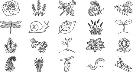 Nature and Wildlife Line Art Icon Set with Insects, Flowers, and Plants © Mst Menara