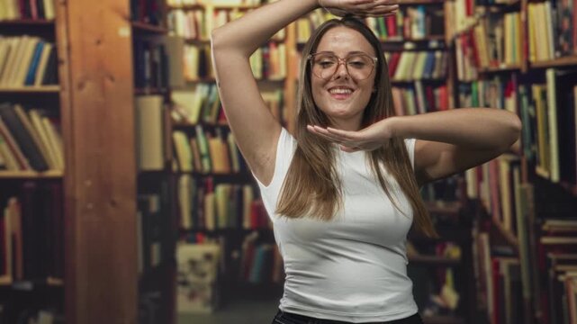 Young woman frames face with arms amid crowded book shelves in a cozy library aisle inside a building; playful joy.