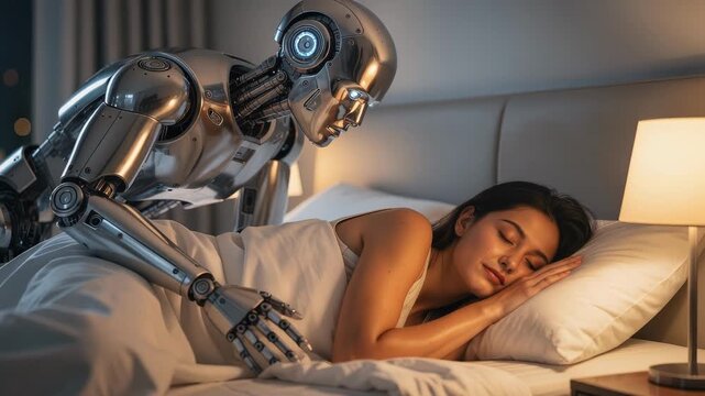 Peaceful futuristic scene of a metallic robot gently watching a sleeping woman in a quiet room
