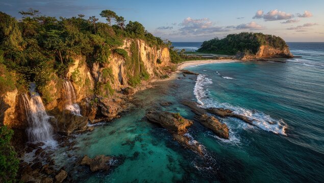 Tropical paradise coastline with cascading waterfalls, turquoise water, and rocky cliffs