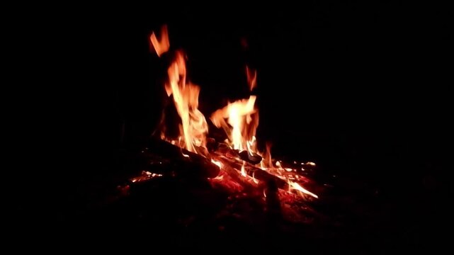 Burning Campfire at Night with Dancing Flames and Glowing Firewood in a Dark Outdoor Setting, Creating a Cozy Camping Atmosphere