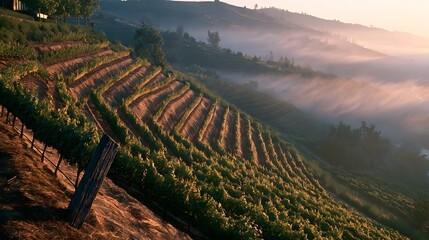 Fototapeta premium Weathered trellis post anchoring misty terraced vineyard at sunrise