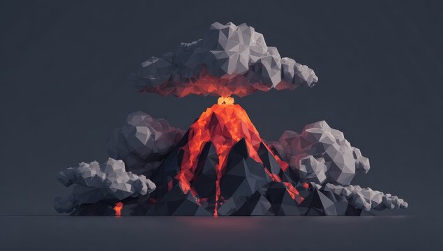 Low-poly volcano erupting, with polygonal clouds