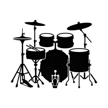 Black and white minimalist drum set illustration on isolated background