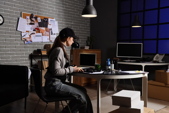 Female private detective working late at night in a dimly lit office with a laptop and evidence board