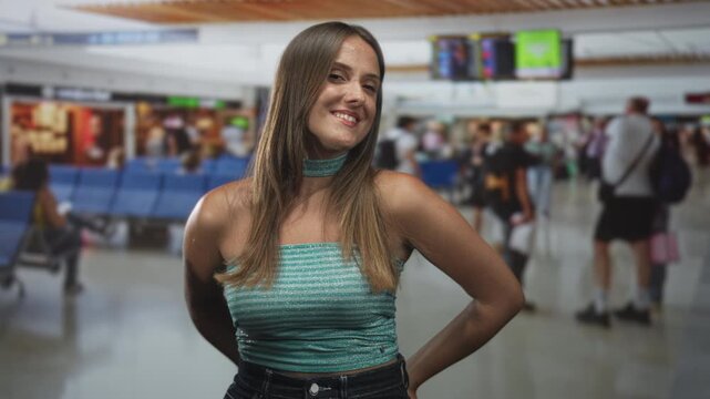 Woman smiling, hands behind back, shoulders exposed, wearing turquoise tube top and choker in airport terminal; confidence travel ease.