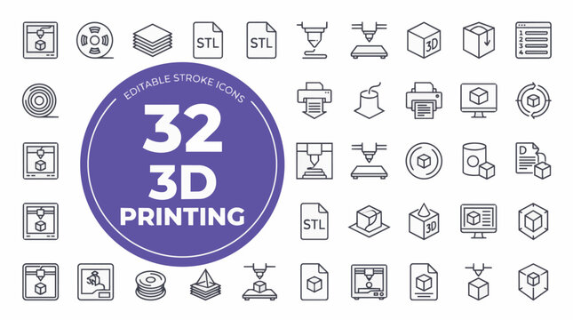 Collection of 32 3D printing icons in flat line style on white backgro