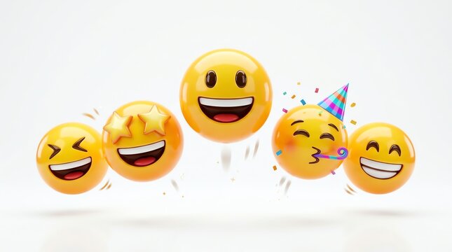 Happy 3D yellow emoji characters celebrating on a white background with confetti