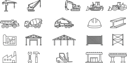 Construction Equipment and Industrial Machinery Outline Icons Collection for Engineering Projects © It's Marja