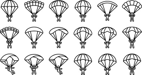 Naklejka premium Parachuting and Skydiving Outline Icon Set with Parachutes, Airborne People and Adventure Sport Symbols Isolated on White