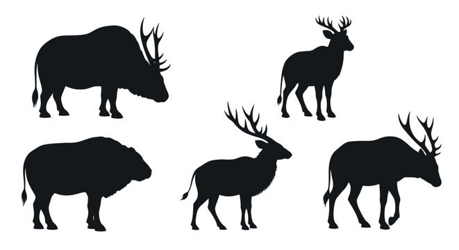 Silhouettes of deer and moose animals.