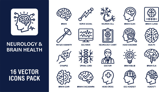 Professional Neurology and Brain Health Vector Icon Collection for Medical Diagnosis and Neuroscience Research.