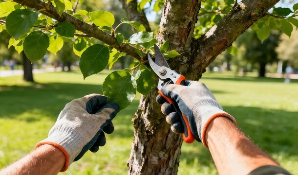 Photorealistic first-person view of an arborist pruning healthy tree branches using both hands in a green outdoor setting.