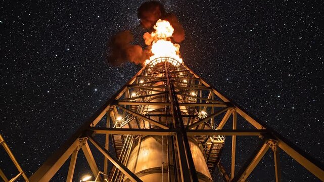 Industrial flare stack burning at night.