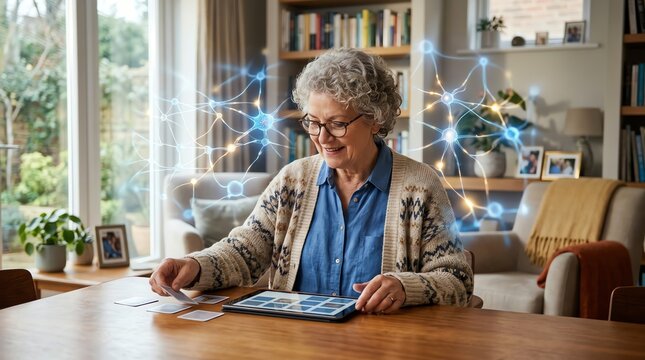 Senior Woman Doing Cognitive Brain Training Exercises at Home with Tablet
