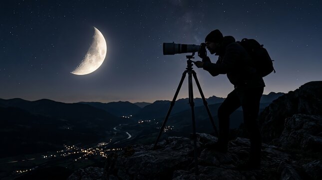 Photographer on mountain captures crescent moon, stars at night.