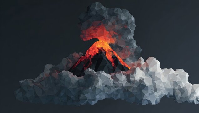 Low-poly volcano erupting, surrounded by polygonal clouds