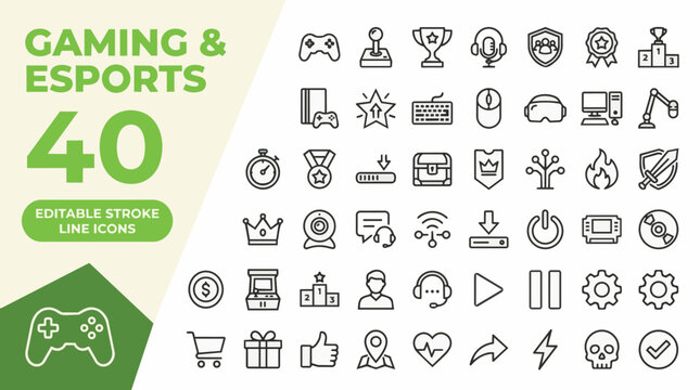 Collection of 40 gaming and esports icons in flat line art style on wh