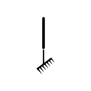 This is a minimalist vector illustration of a rake tool icon, featuring a simple, clean, and solid glyph style. The icon can be used as a symbol, sign, or logo.