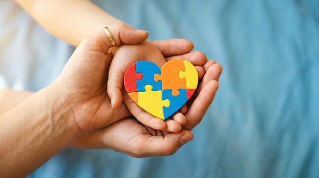 Hands holding heart shaped puzzle pieces.