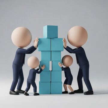 3D minimalist business characters in dark blue suits collaborating to assemble and stabilize a vertical stack of light blue building blocks on a neutral grey studio background.