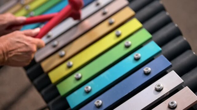 Adult woman playing a colorful outdoor xylophone with mallets