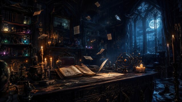 Gothic Wizard Study Glows With Potion Bottles and an Open Spellbook as Papers Float Under Moonlight