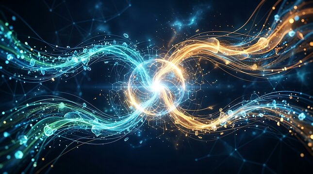 Abstract blue and gold energy streams merging at a central point