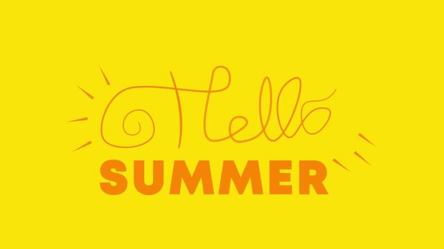 Hello Summer Lettering Yellow Background &ndash; Hand Drawn Sun Rays Typography Vector
