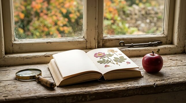 Open book with pressed flowers on a rustic wooden windowsill