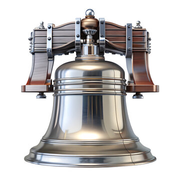 A detailed 3d render of a polished metallic bell with a wooden yoke structure, isolated on transparent background