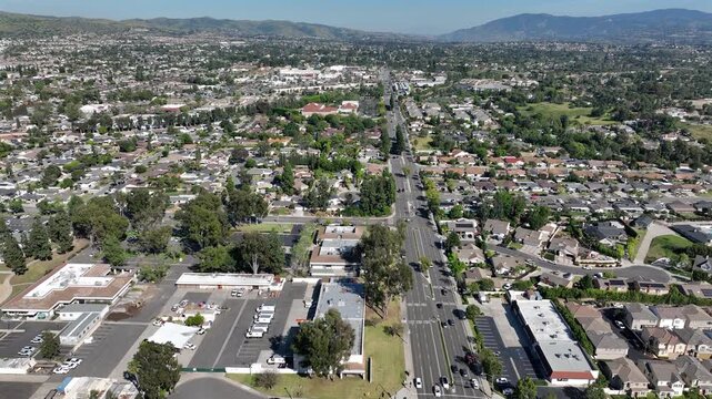 Aerial view of single family homes in a neighborhood of Yorba Linda, California, USA.