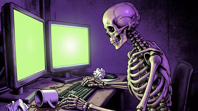 Skeleton works long hours at dual monitors, surrounded by crumpled paper and a spilled coffee cup.