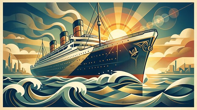 Vintage ocean liner sailing on choppy sea during golden sunset