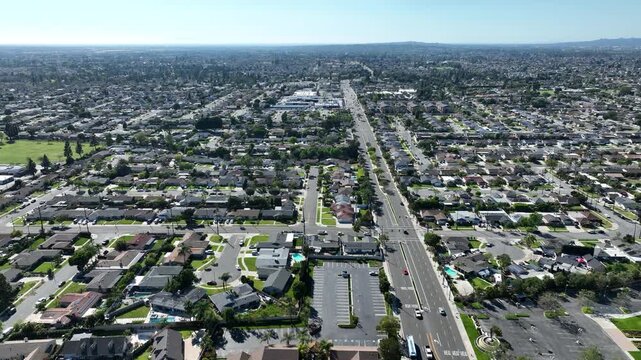 Aerial view of single family homes in a neighborhood of Yorba Linda, California, USA.