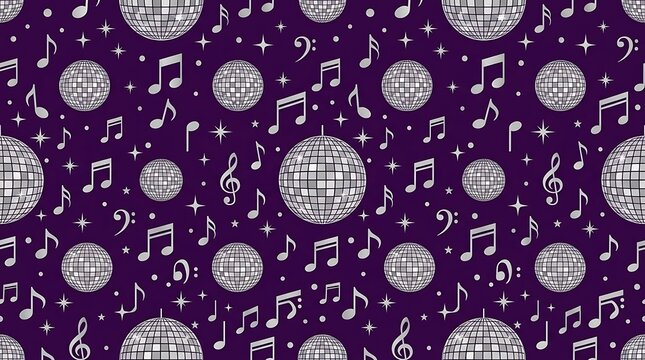 Disco ball and music notes seamless pattern on purple background