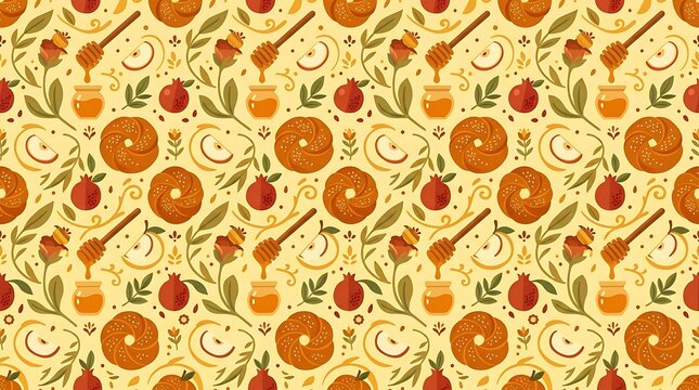 Rosh hashanah seamless pattern with honey apples and challah