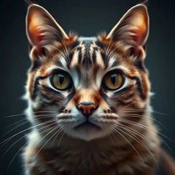 Close up tabby cat portrait with intense gaze.